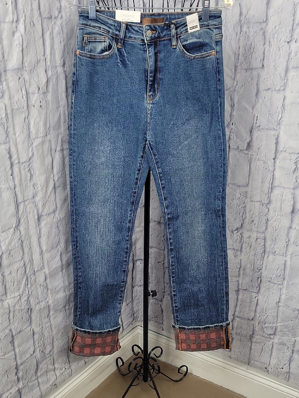 Judy Blue High Waist‎  Straight Leg Jeans Plaid Cuff Women's Size 7/28 NWT